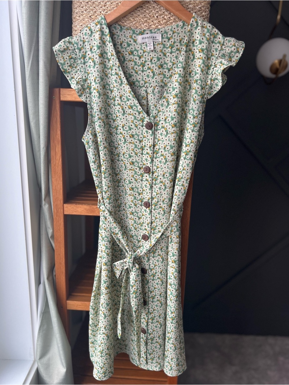 Monteau Light Green Floral Button-Front Midi Dress